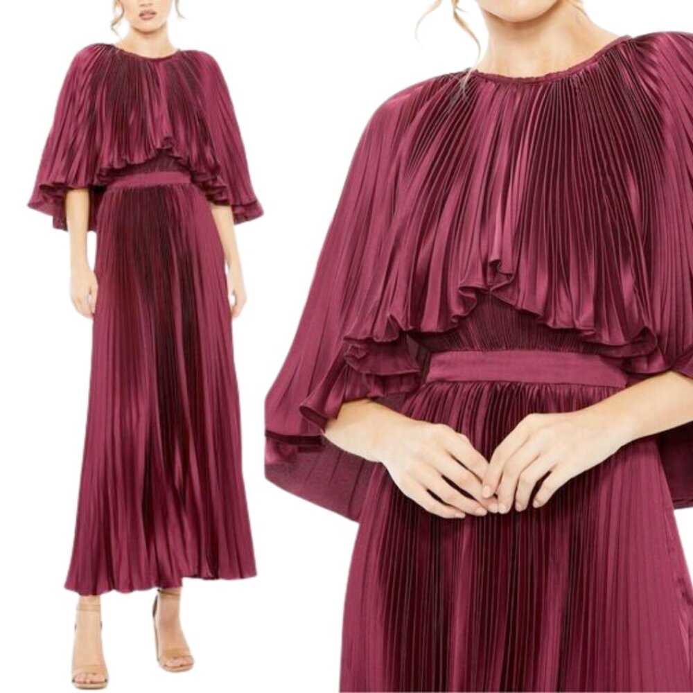 Mac Duggal 49638 Womens Size 14 Raspberry Pink Red Pleated Cape Tea Length Dress